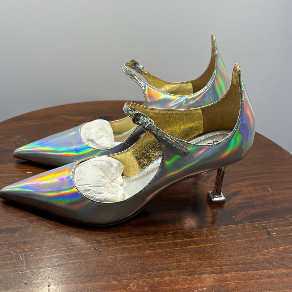 Schutz Elsa Holographic Mary Jane Heels Womens 8B Silver Pointed Toe Ankle Strap